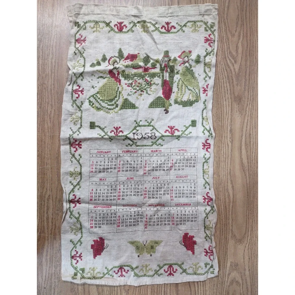 Vintage 1958 Stevens Linen Original Calendar Towel Colonial Garden Tea Towel